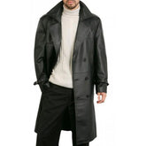 Trench-coat long croisé en cuir de vachette noir pour homme